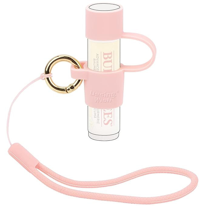 Desing Wish Silicone Lip Balm Holder with Cap Cover Portable Chapstick Holder Keychain Sleeve Lip Balm Key Chain with Key Ring and Wrist Strap Lanyard - Pink-VivaGrace Women
