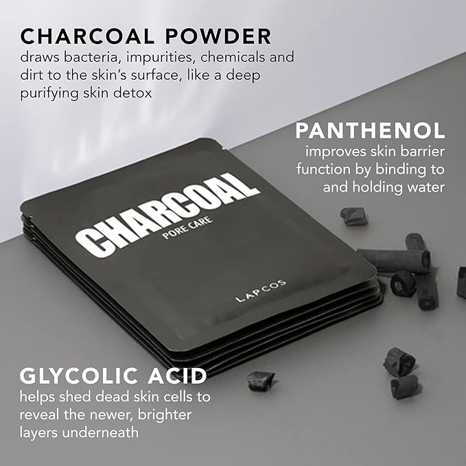 LAPCOS Charcoal Sheet Mask, Daily Face Mask with Salicylic Acid and Tea Tree Oil to Detoxify and Tighten Skin, Korean Beauty Favorite, 5-Pack-VivaGrace Women
