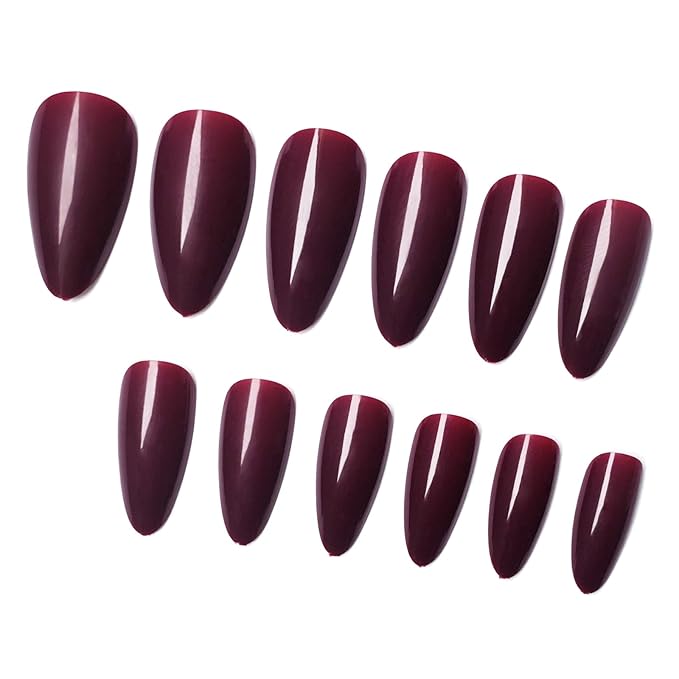 LoveOurHome 240pc Christmas Almond Press on Nails Medium Fake Nail Tips Acrylic Nails Press ons Nail Almond Burgundy Red Short Stiletto Artificial Fingernail & Glue Adhesive Tabs for Women Girls Kid