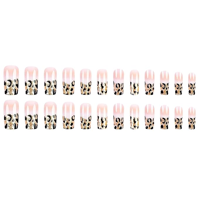 Medium Square Press on Nails French Tip Fake Nails Glitter Ombre False Nails with Leopard Designs Medium Nail Press ons Sparkly Artificial Nails Cute Stick on Nails for Women 24Pcs