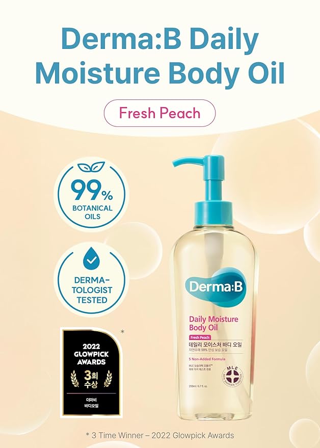 Derma B | Daily Moisture Body Oil | 99% Natural Argan & Sweet Almond Oil | Shower Oil for Dry Sensitive Skin | Light & Long-Lasting Hydration | Skin Body Care Oil with Peach Scent | 6.78 fl oz (200ml)-VivaGrace Women