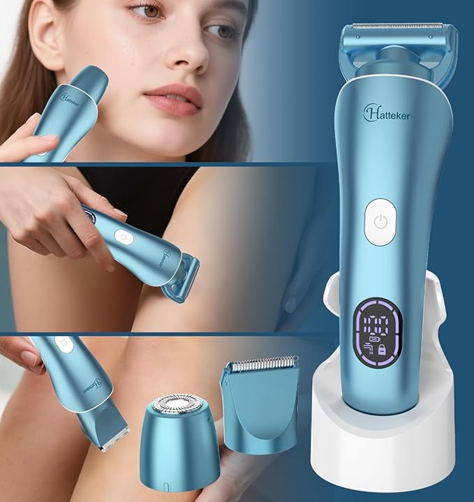 Hatteker Women's Electric Shaver Bikini Trimmer Hair Trimmer for Women Electric Razor for Legs Bikini Underarm Public Hairs Led Display IPX7 Waterproof Gift for Women (Blue)-VivaGrace Women