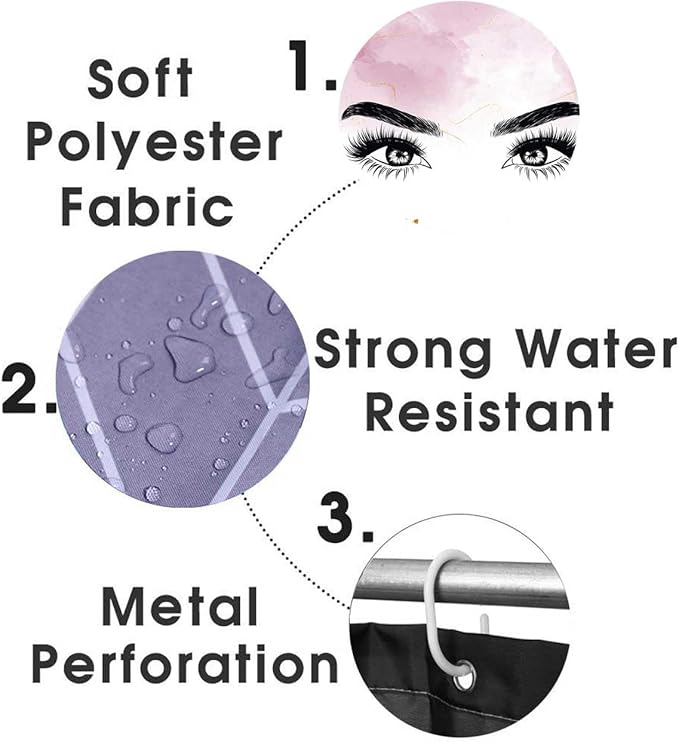 4PCS Hello Gorgeous Eyelash Shower Curtain Set, Gold Glitter Quotes Black Eyebrow Makeup Pink Marble Glam Modern Fashion Girly Women Bathroom Decor, Non-slip Bath Mat Toilet Rug, Charming Eyes-VivaGrace Women