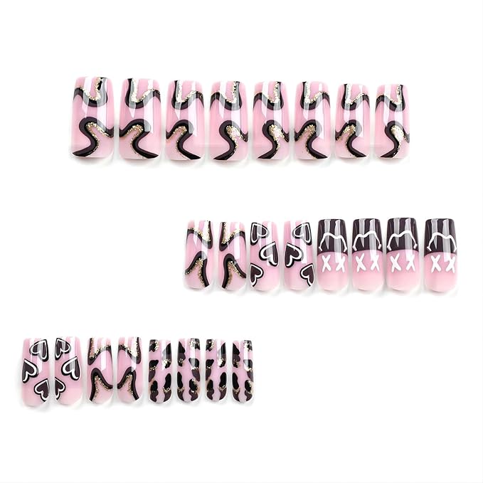 Square Press on Nails Medium Length Fake Nails with Glue Purple Acrylic False Nails with Brown Striped Love Heart Designs Glossy Gold Glitter Artificial Nails Fall Winter Stick on Nails 24Pcs