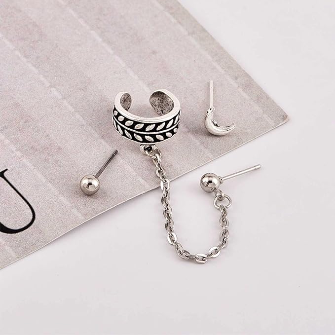 Bohemia Moon Cuff Chain Earrings Silver Chain Climber Dangle Earrings Tassel Chain Cartilage Earrings Chain Drop Dangle Earrings Set for Women and Girls-VivaGrace Women