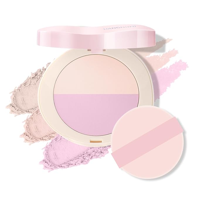 Pink Setting Powder, 3 in 1 Blush Palette with Puff, Highlighter Palette, Fine Texture Blush Pressed Powder, Setting Powder Makeup, Korea Makeup - Purple-VivaGrace Women