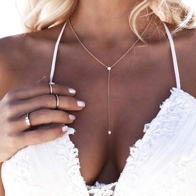 Boho Crystal Y Drop Necklace Choker Gold Long Y Necklace Chain Minimalist Cz Lariat Necklace Classic Simple Y Lariat Necklace Jewelry for Women and Girls Gifts-VivaGrace Women