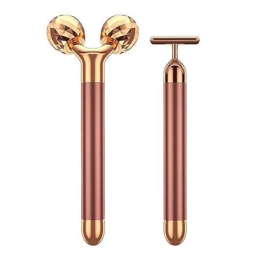 2-IN-1 Beauty Bar 24k Golden Pulse Facial Face Massager, Electric 3D Roller and T Shape Arm Eye Nose Head Massager Facial Roller Massager Kit Skin Care Tools-VivaGrace Women