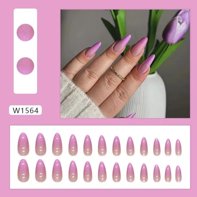 Purple Chrome Press On Nails - Medium Almond Glossy Aurora False Nails, 24Pcs Reusable Artificial Stick On Nails for Women & Girls