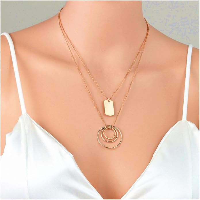 Vintage Layered Square Pendant Necklace Multi Circle Necklace Gold Square Choker Necklace Layer Circle Necklace Jewelry for Women-VivaGrace Women