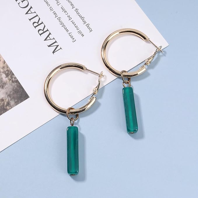 Boho Rectangle Green Jade Earrings Green Marbled Earrings Gold Circle Leverback Dangle Earrings Vintage Circle Hoop Dangle Earrings Jewelry for Women and Girls-VivaGrace Women