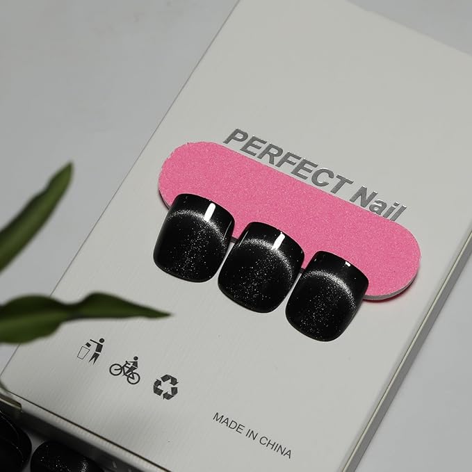 Gunmetal Silver Press On Nails Short Square,Cat Eye Fake Nails,Defined Smile Line Design with a Radiant Gloss Effect, Glossy Gel Finish Short Press On Nails, Thick Reusable Glue On Nails for Women