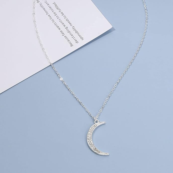 Boho Rhinestone Moon Necklace CZ Crescent Pendant Necklace Chain Minimalist Necklace Festival Jewelry for Women and Teen Girls-VivaGrace Women