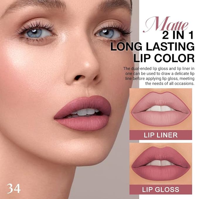 evpct 1Pcs Mauve Matte Lip Liner Stain Liquid Lipstick Makeup Set for Women, Mauve Lip Stick Liner Combo Long Lasting Waterproof, labiales matte mate larga duracion Long Wear 24 hours Lipstick, 34-VivaGrace Women
