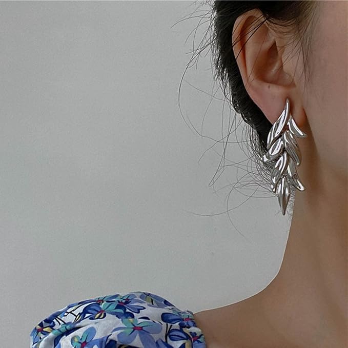 Statement Leaf Dangle Drop Earrings Vintage Silver Leaf Cluster Drop Earrings Punk Large Leaf Dangle Earrings Bridal Earring Wedding Prom Earring Jewelry for Women and Girls-VivaGrace Women