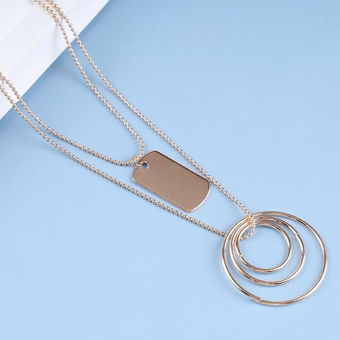 Vintage Layered Square Pendant Necklace Multi Circle Necklace Gold Square Choker Necklace Layer Circle Necklace Jewelry for Women-VivaGrace Women