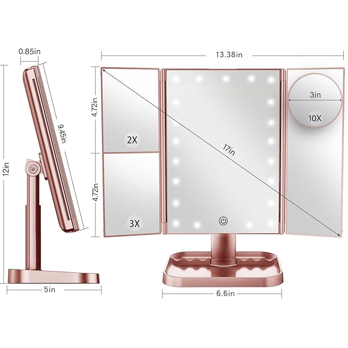 HUONUL Makeup Mirror, 10X 3X 2X Magnification, Lighted Makeup Mirror, Touch Control, Dual Power Supply, Portable LED Mirror, Women Gift (Rose Gold)-VivaGrace Women