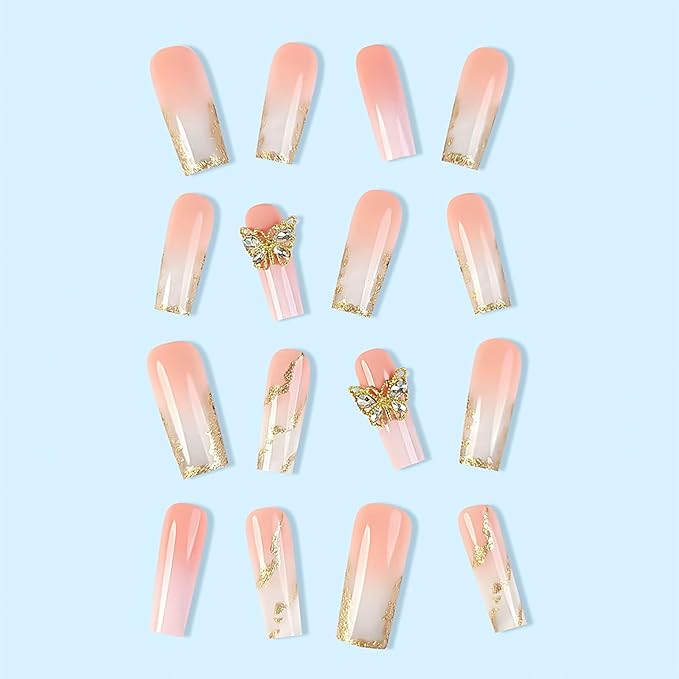 Nail Press ons Long Press on Nails Coffin Fake Fingernails Glossy Ombre Acrylic False Nails with 3D Butterfly Designs Gold Glitter Powder Artificial Nails Stick on Nails for Women 24Pcs