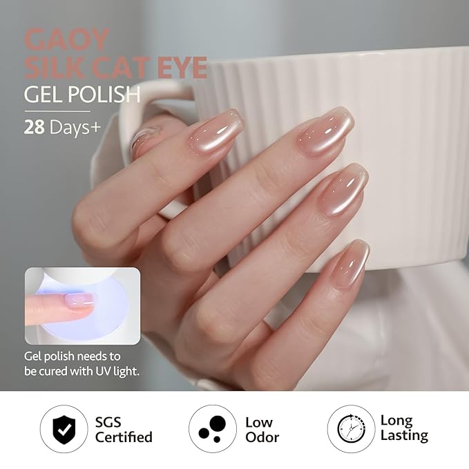 GAOY Icy Glass Cat Eye Gel Nail Polish with Magnet, Moonlight & Sheer Nude Shades, Satin Finish with Gemstone Holography, Pink Nude for Wedding, Nail Art Designs