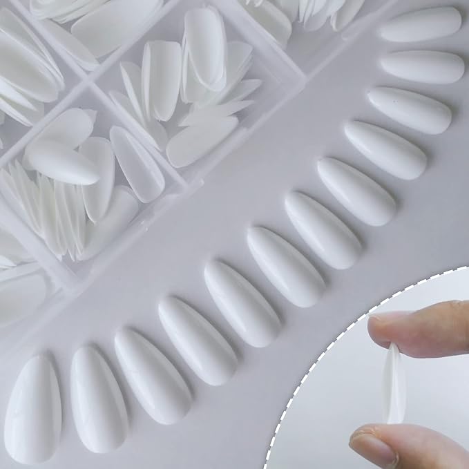 LoveOurHome 240pc Short Almond White Press on Nails Colored Fake Nail Tips Full Cover Artificial Fingernail French Stiletto Manicure with Adhesive Tabs for Women Girls Kids