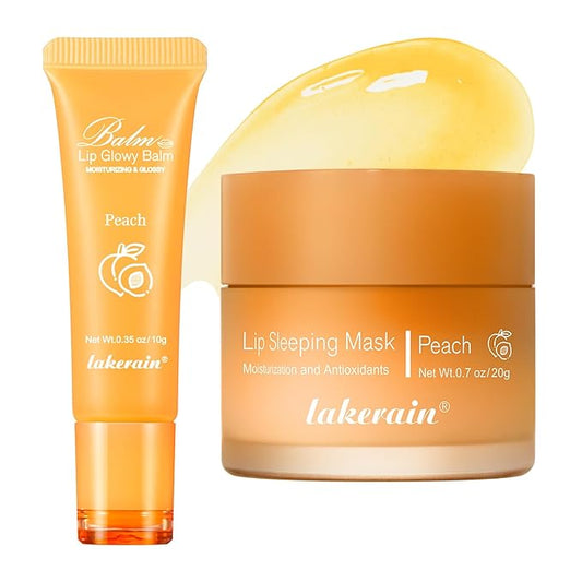 2Pcs Lip Glowy Balm and Lip Sleeping Mask Set, with 4 Flavor Options - Reduce Lip Lines, Enhance Lip Color, Hydrate & Plump Dry Chapped Lips Care (Peach)-VivaGrace Women