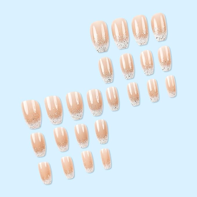 Coffin Press on Nails Medium Fake Nails White Ombre False Nails with Glitter Designs Medium Ballet Shaped Glue on Nails Glossy Artificial Nails Natural Stick on Nails for Women 24Pcs
