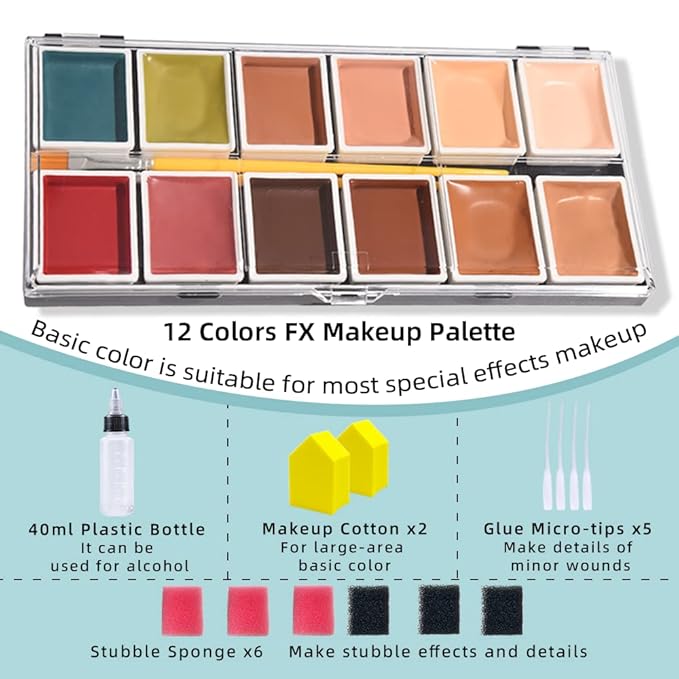 Alcohol Activated Makeup Palette for FX Makeup with Makeup Egg Mimic Wound Sponge Cleaning accessories 12 Colors-VivaGrace Women