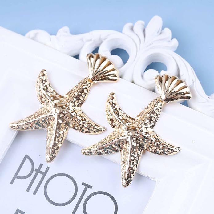 Vintage Starfish Dangle Earrings Starfish Drop Earrings Gold Metal Seashell Stud Earrings Hammered Starfish Earrings Jewelry for Women-VivaGrace Women