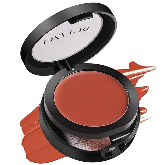 DE'LANCI 2 In 1 Cream Blush for Cheeks & Lips & Eyeshadow in a Waterproof Smooth Moisturizing Creamy Formula, Buildable Lightweight Red Blush Balm with Built-in Brush and Mirror, Easy to Use, Rust-VivaGrace Women