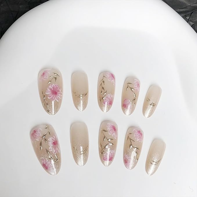 30Pcs Pink Flower Press on Nails Medium Almond Fake Nails with Gilding Branch Design 3D Full Cover Artificial Glue on Nails Spring Summer False Nails Cute Stick on Nails Handmade Nail Kit for Women