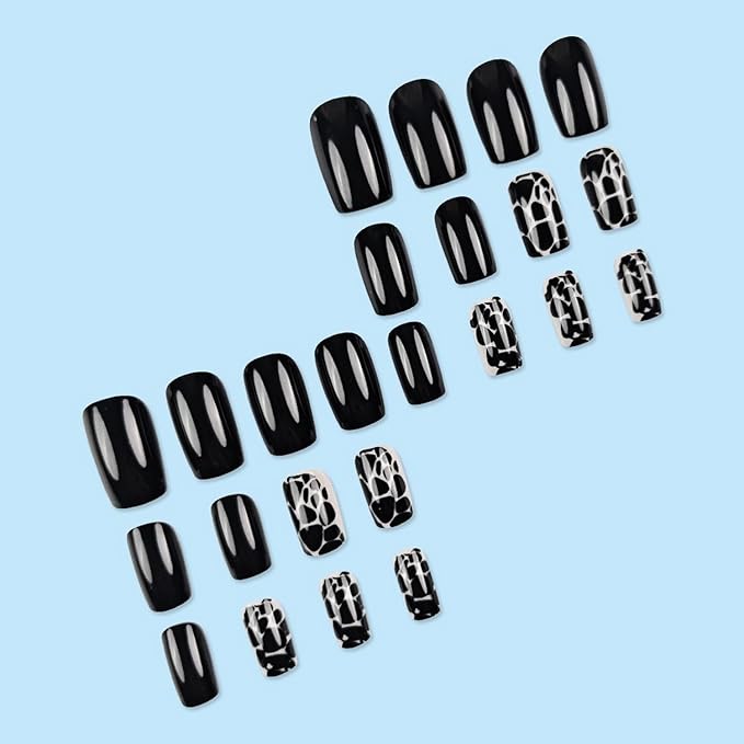 24 Pcs Black Press on Nails Short Square Shaped Fake Nails with Leopard Design Glossy Reusable False Nails Full Cover Acrylic Nails Stick on Nails for Women Nails Manicure Decoration