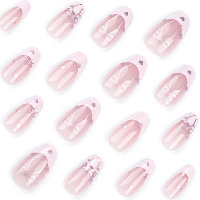 Press-On Nails - Medium Almond French Tip Nude Glossy Artificial Acrylic Nails with Silver Heart Design - 24 Pcs