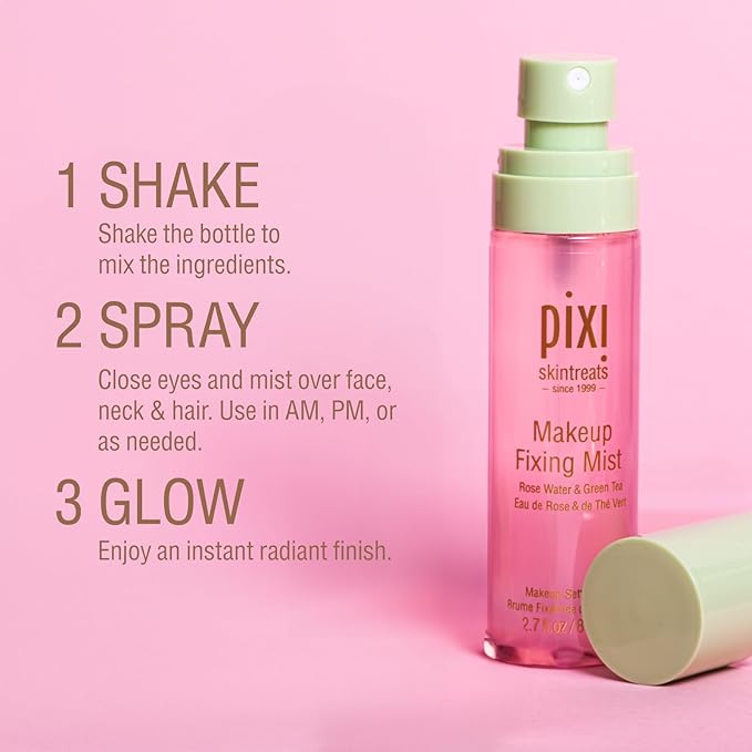 Pixi Beauty Makeup Fixing Mist 80ml, All Over Setting Spray For Longer Wearing Makeup, Rose Water and Green Tea Infused, 2.7 Fl Oz-VivaGrace Women