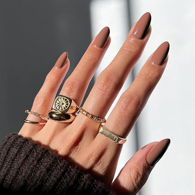 Brown Press on Nails Medium Almond Fake Nails with Designs Glossy Stick on Nails Full Cover False Nails Glue on Acrylic Nails for Women and Girls