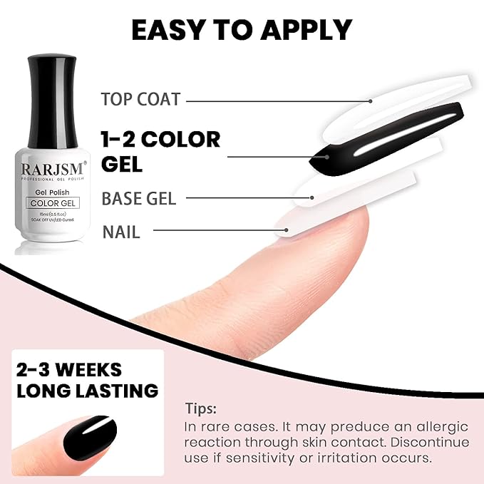 RARJSM Gel Polish, 15ML Pure Black Gel Nail Polish Soak Off UV LED Nail GelPolish High Gloss Long Lasting Nail Art Manicure Salon DIY at Home
