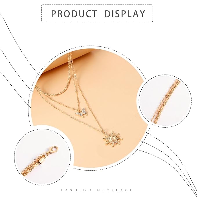 Bohemia Layered Sun Necklace Choker Crystal Butterfly Pendant Necklace Gold Rope Chain Necklace Vintage Sunflower Necklace Jewelry for Women and Girls-VivaGrace Women