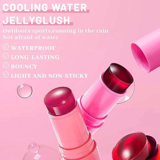 4 Pcs Jelly Blush Stick,Sheer Lip & Cheek Stain Makeup Cooling Water Jelly Tint, Multiple Use Long Lasting Jelly Texture Non-Stick Blush for Cheeks, Pigmented Waterproof Makeup Blush-VivaGrace Women