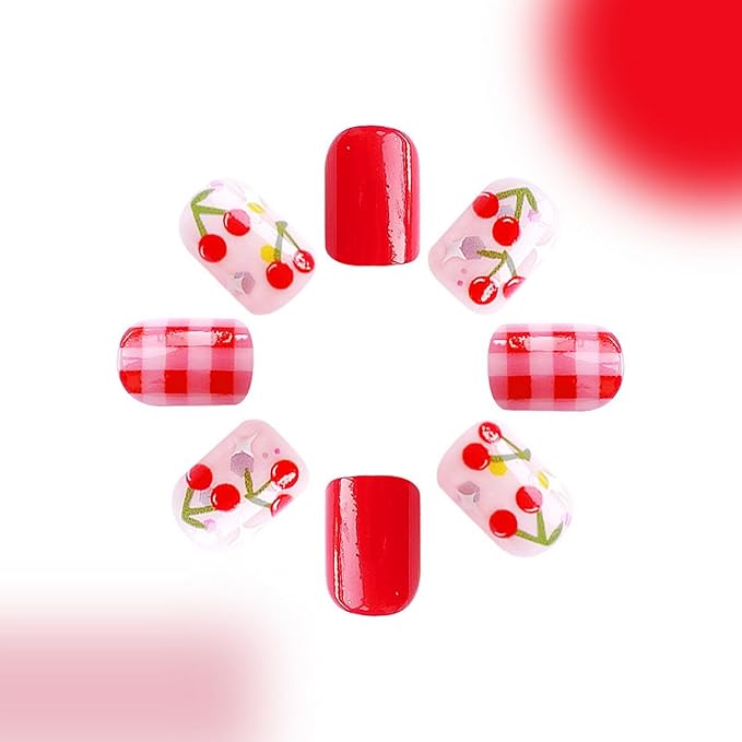 OCOUYVD 24 Pcs Extra Short Press on Nails Square False Nails with Red Cherry Designs Square Fake Nails Cute False Nails Glue on Nails Summer Acrylic Nails Fruit Stick on Nails for DIY Nail Art