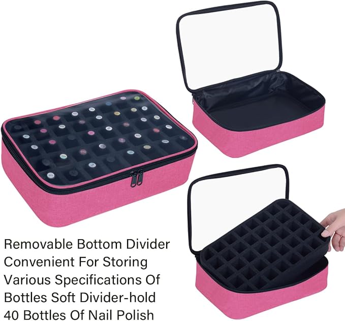 Small Clear Nail Polish Organizer Holds 40 bottles(15ml-0.5fl.oz) Nail Polish Case Multifunctional Nail Polish Bag organizer, Cosmetic Travel Makeup Bags for Women Rose Red