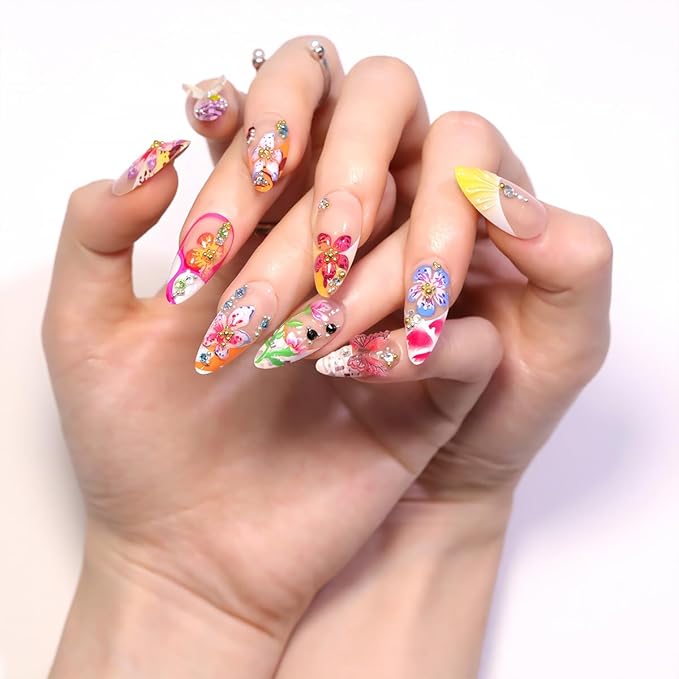 24Pcs Colorful Flower Press on Nails Medium Almond Handmade Fake Nails with 3D Butterfly Rhinestones Design Cute Full Cover Artificial Glue on Nails Hawaii False Nails Summer Stick on Nails for Women