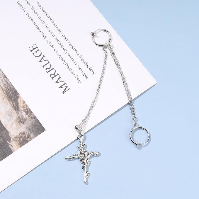 Cross Chain Cuff Earrings Silver Cross Dangle Chain Earrings Long Crucifix Drop Earrings Religious Ear Cuff Wrap Chain Earrings Jewelry for Women and Girls-VivaGrace Women
