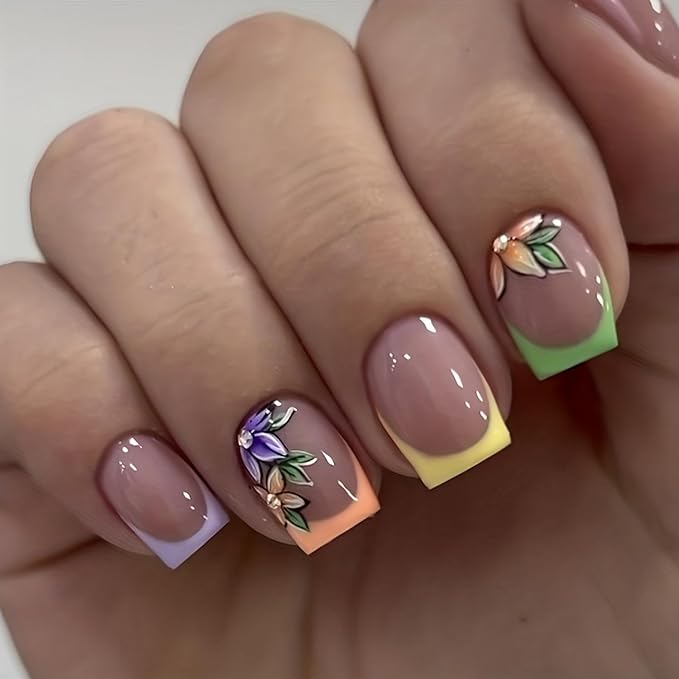French Tip Press-on Nails: Short Square Fake Nails with Cute Flower Designs, Acrylic, Gloss Finish - Spring Colors Set for Women's Manicure