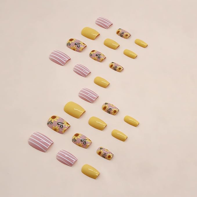 Sunflower Press on Nails Short Fake Nails Square Shape False Nails Summer Yellow Acrylic Nails Cute Flowers Stick on Nails Short Artificial Nails for Women Finger Manicure Decorations, 24Pcs