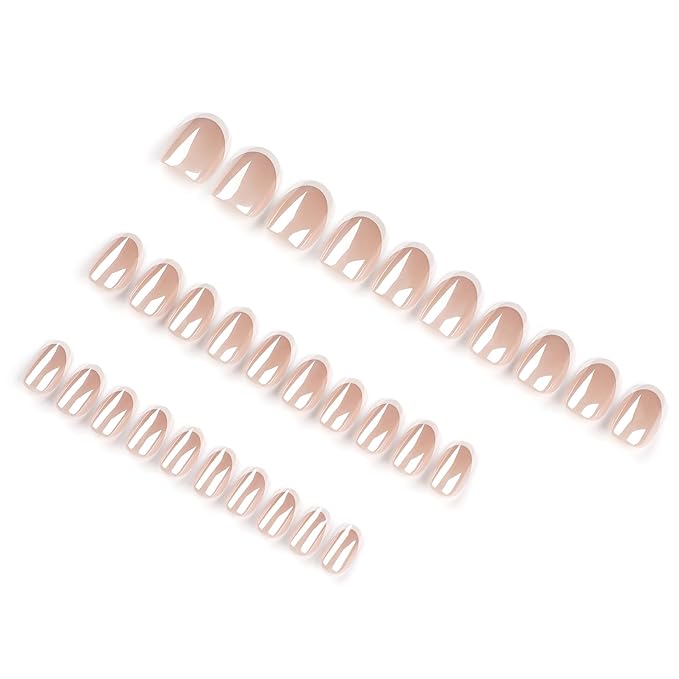 French Tip Chrome Press On Nails Short Ovale 30 Pcs, Designer Reusable Glazed Acrylic Fake Nails with Glue, Glossy Soft Gel Nails Wedding and Party, Stick On Glue On Nails, Nails for Women