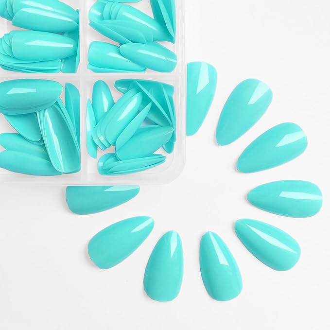 LoveOurHome 240pc Almond Press on Nails Medium Stiletto Fake Fingernails Full Cover False Artificial Nail Tips Blue Manicure Decor with Tabs for Women Girls