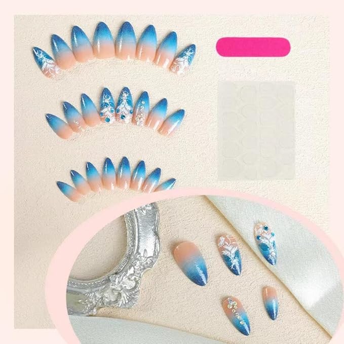 Rhinestone Press on Nails Medium Almond Fake Nails Blue Ombre False Nails with Design Stiletto Glue on Nails Glossy Acrylic Nail Full Cover Stick on Nails for Women Girls Manicure 24Pcs