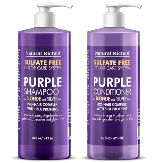 Natural Riches Purple Shampoo and Conditioner Set Sulfate Free Salon Grade for Silver Blonde Platinum Hair. Removes Yellow & Brass tones. Grey Highlighted Hair 16x2 fl oz-VivaGrace Women