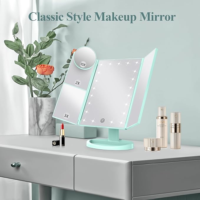 HUONUL Makeup Mirror Vanity with Lights, 2X 3X 10X Magnification, Lighted Mirror, Touch Control, Trifold Dual Power Supply, Portable LED Women Gift (Green)-VivaGrace Women