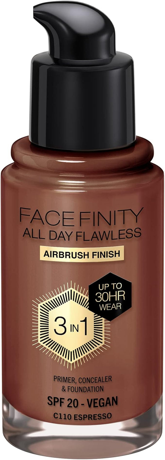 Max Factor Facefinity 3-in-1 All Day Flawless Liquid Foundation, SPF 20-110 Espresso, 30 ml-VivaGrace Women