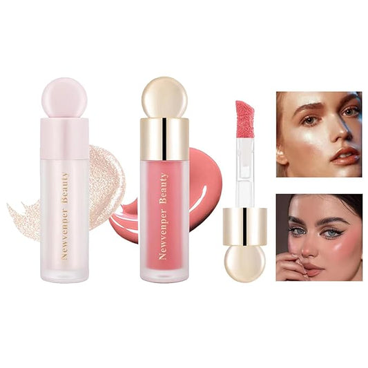 Liquid Highlighter, Liquid Blush with Face Brush Long Lasting Smooth Lightweight Smudge Proof Blush+ Highlighter-VivaGrace Women